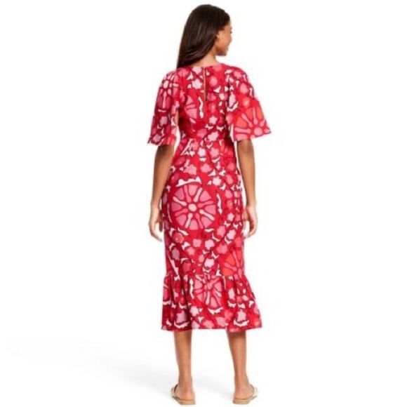 Rhode x Target Midi Dress Red Zinnia Print Boho Bell Sleeve Ruffle Casual Size 8 - Picture 6 of 12